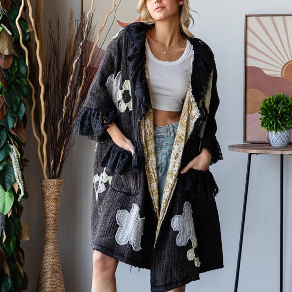 067Oli & Hali Flower Patchwork Lace Ruffle Sleeve Duster Washed Black Size Small - Picture 8 of 11